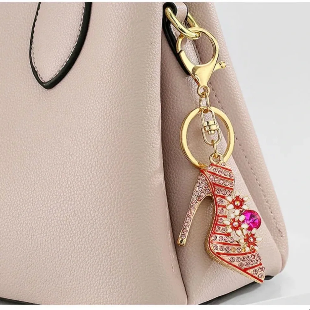 Diamond Inlaid High Heeled Shoes Key Chain Bag Car Key Ring Pendant 5 Inches Red